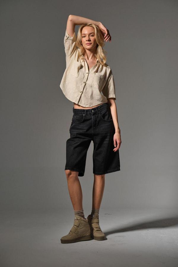 Bol Kesim Rahat Jean Kot Salaş Kadın Diz altı Şort @Taranto - Image 1