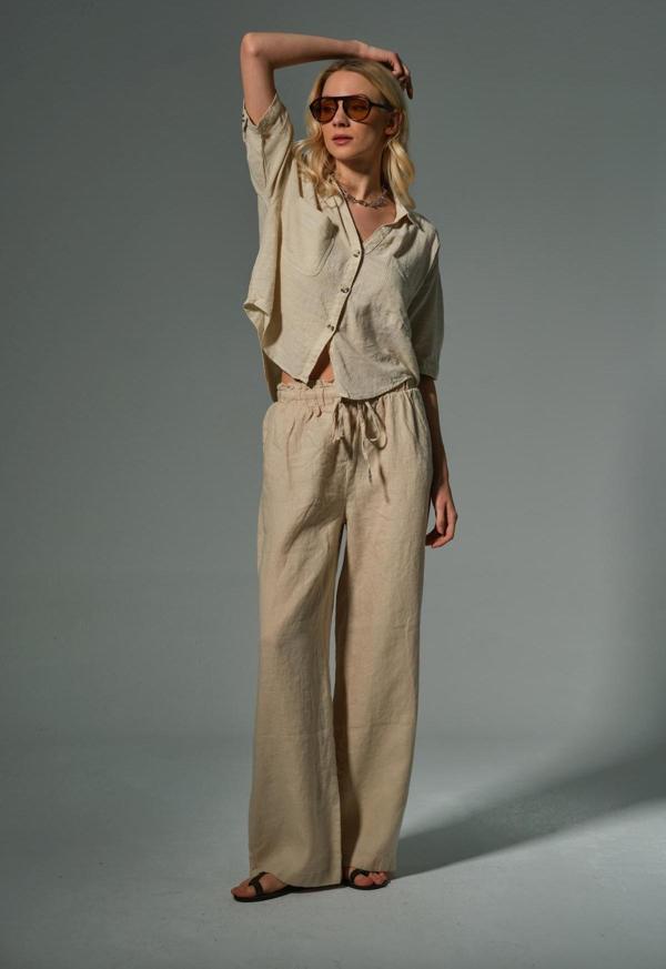 %100 Keten Geniş Paça Bol Kesim Bağcıklı Lastikli Kadın Pantolon @Leon - Image 1