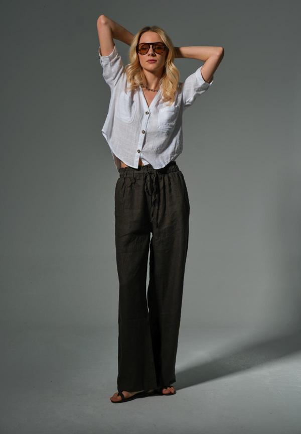 %100 Keten Geniş Paça Bol Kesim Bağcıklı Lastikli Kadın Pantolon @Leon - Image 1