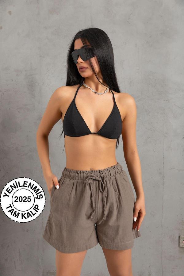 %100 Pamuk Müslin Kumaş Rahat Kesim Bağcıklı Lastikli Cepli Kadın Şort @Las Palmas - Image 1
