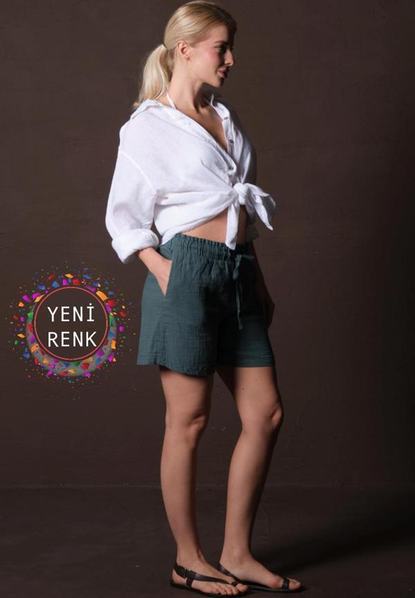 %100 Pamuk Müslin Kumaş Rahat Kesim Bağcıklı Lastikli Cepli Kadın Şort @Las Palmas - Image 1