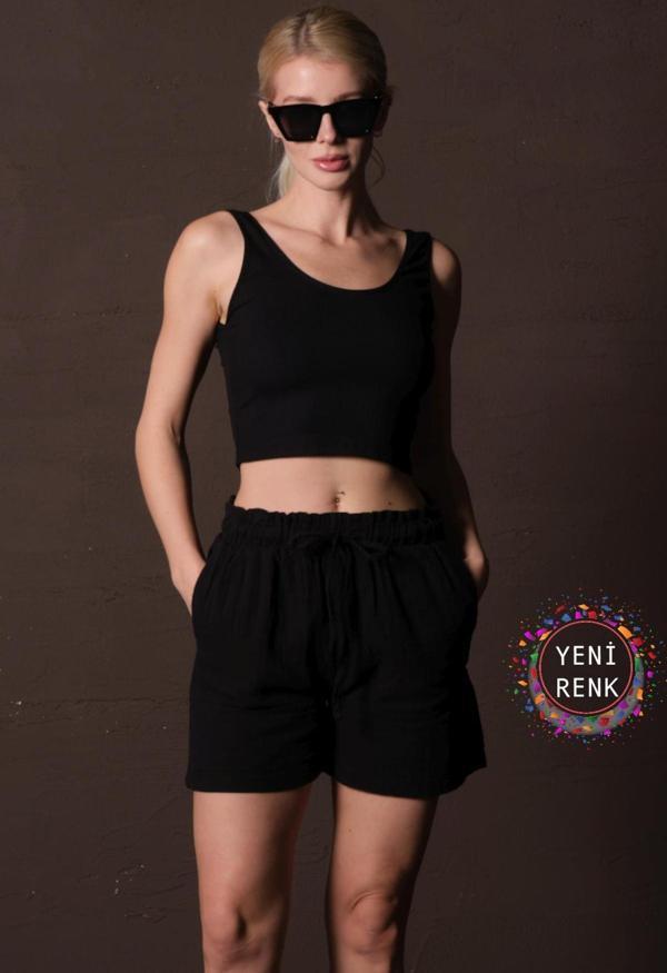 %100 Pamuk Müslin Kumaş Rahat Kesim Bağcıklı Lastikli Cepli Kadın Şort @Las Palmas - Image 1