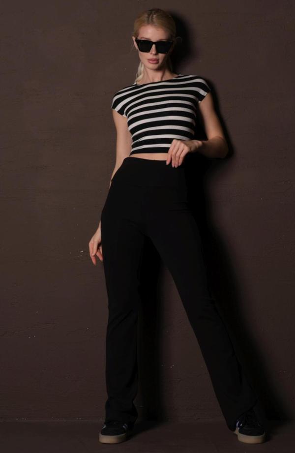 Yüksek Bel Geniş Paça İspanyol Yüksek Pamuk İçerikli Örme Kadın Yürüyüş Pantolon @Girona - Image 1