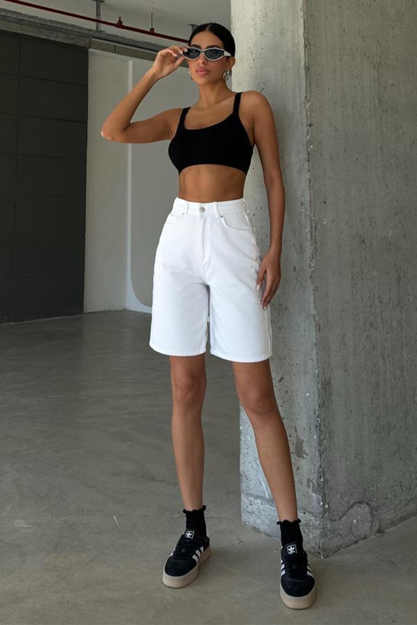 %100 Pamuk yüksek Bel Gabardin None Denim 5 Cep Kadın Bermuda Şort @Udine - Image 1