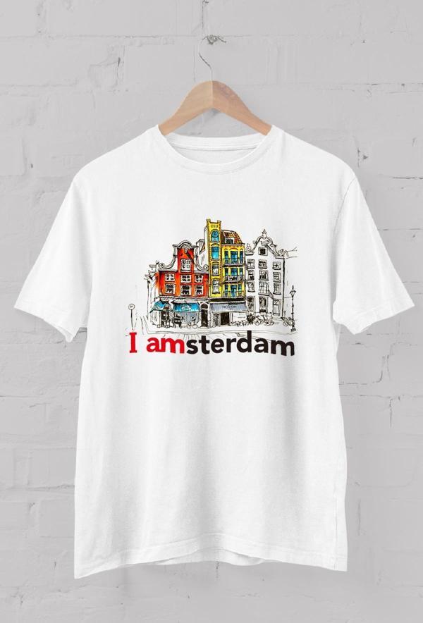 Amsterdam Silüet Baskılı Bisiklet Yaka Erkek Tişört - Image 1