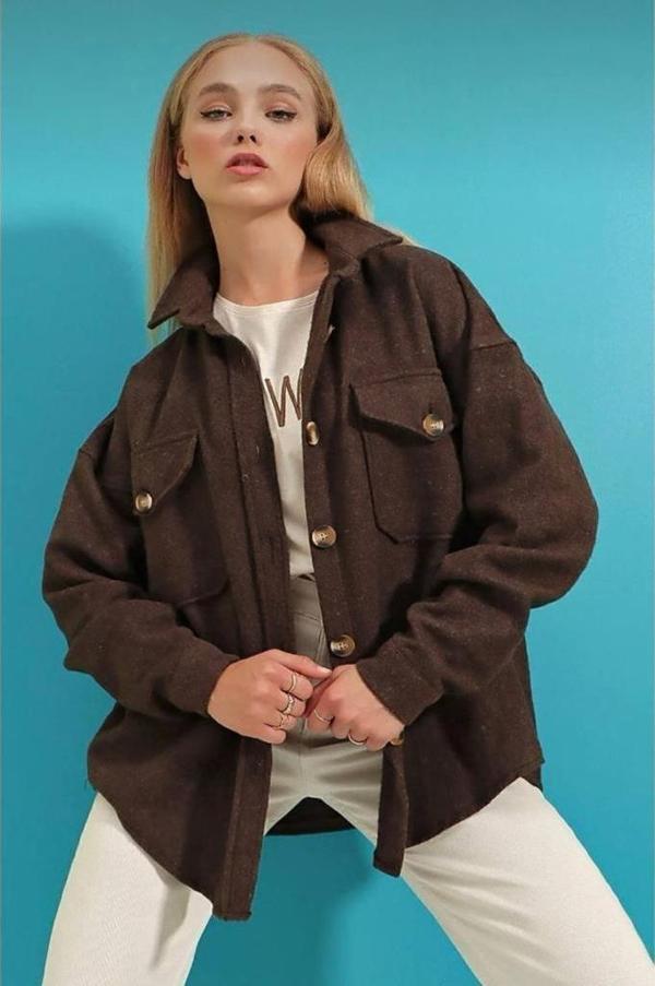 Kadın Kaşe Oversize Geniş Kesim Iki Cepli Kışlık Ceket Spor Koton Oduncu Gömlek 3270250 - Image 1