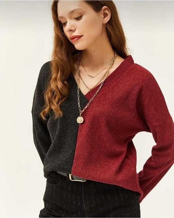 Kadın Antrasit V Yaka Uzun Kollu Iki Renkli Kışlık Kazak 2778170 - Image 1