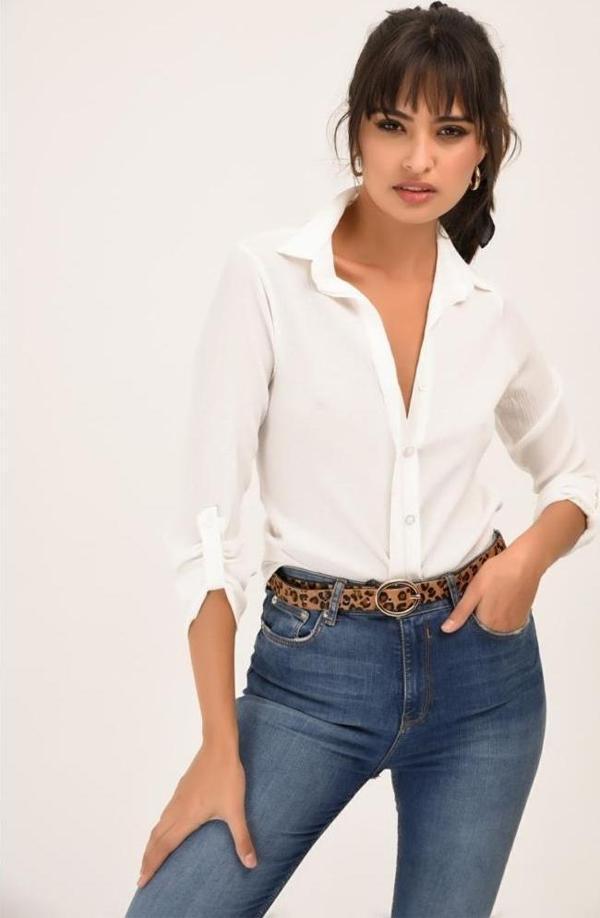Kadın Ekru Beyaz Viskon Uzun Kollu Basic Gömlek 4094160 - Image 1