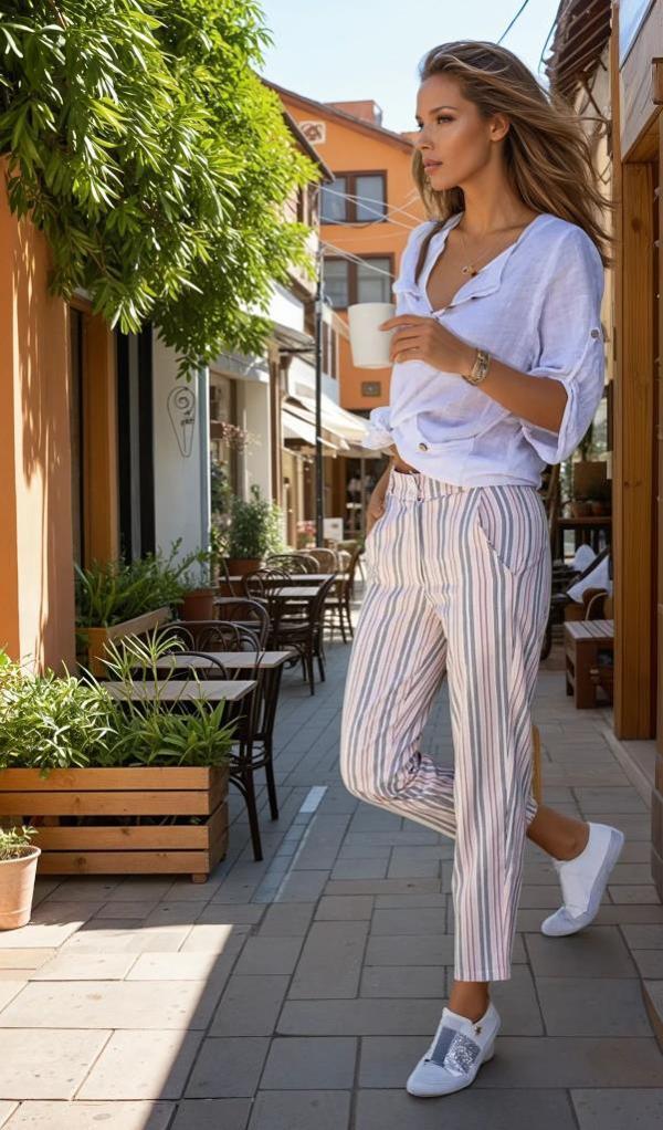 Kadın Dar Kesim Keten Çizgili Cepli Havuç Pantolon 3394210 - Image 1