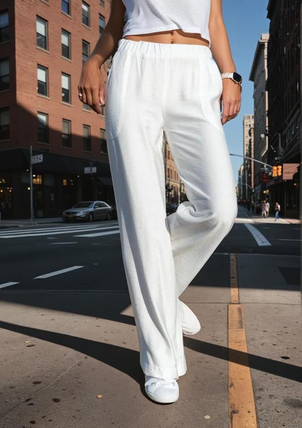 Kadın Bol Paça Beli Lastikli Rahat Çift Cepli Keten Görünümlü Kumaş Yazlık Pantolon Yb2933250 - Image 1