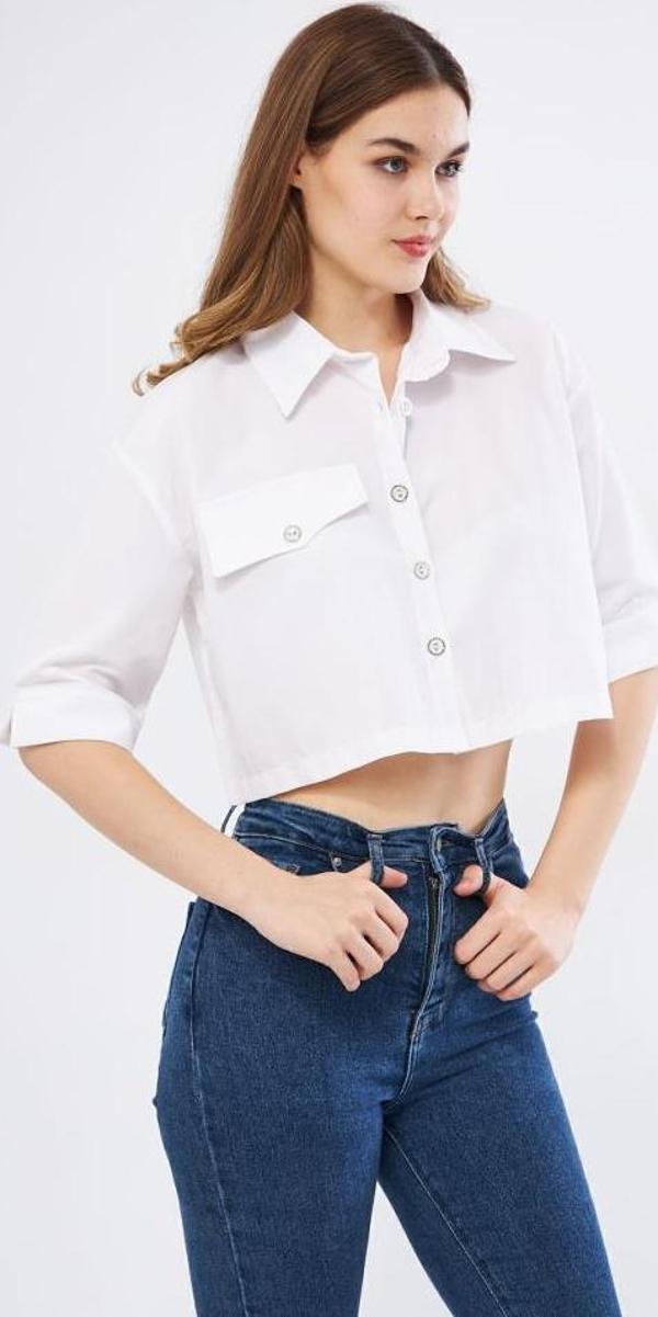 Kadın Crop Cepli Kısa Terrycotton Kaliteli Kumaş Gömlek- Krop 3533200 - Image 1