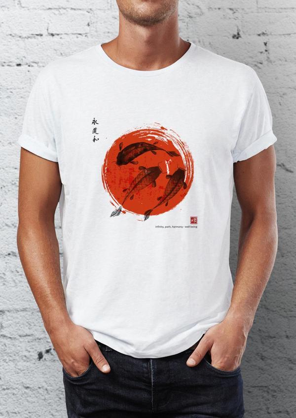 Japon Balık Baskılı Bisiklet Yaka Erkek Tişört - Image 1