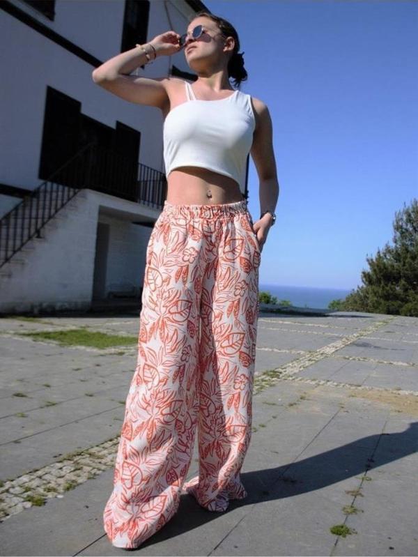 Kadın Keten  Desenli Beli Lastikli Cepli Bol Paça Oversize Salaş Yazlık Pantolon 3369160 - Image 1