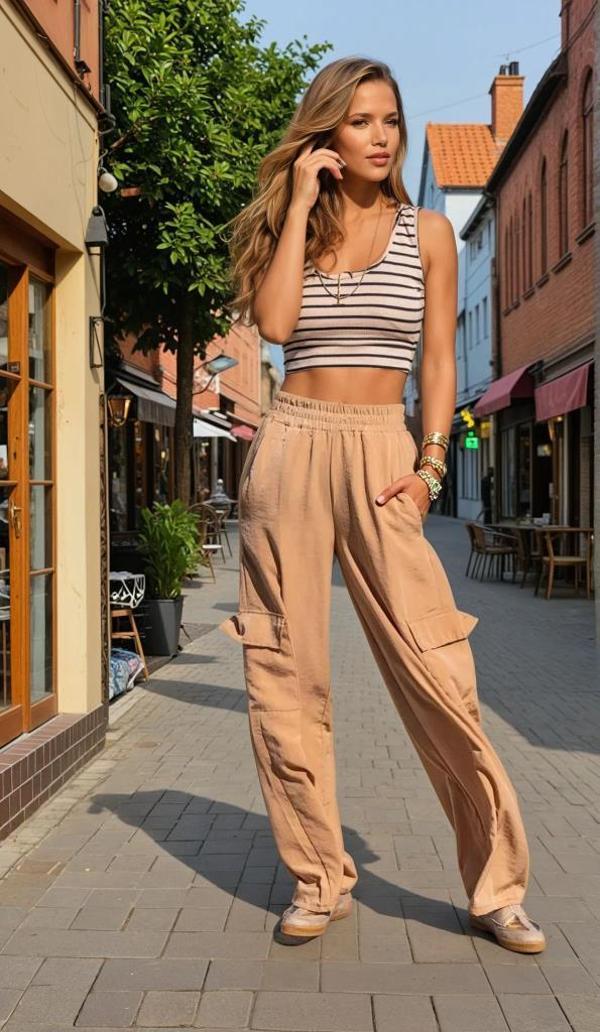 Kadın  Kupra Kumaş Cepli Beli Lastikli Bol Paça Kargo Pantolon 3600270 - Image 1