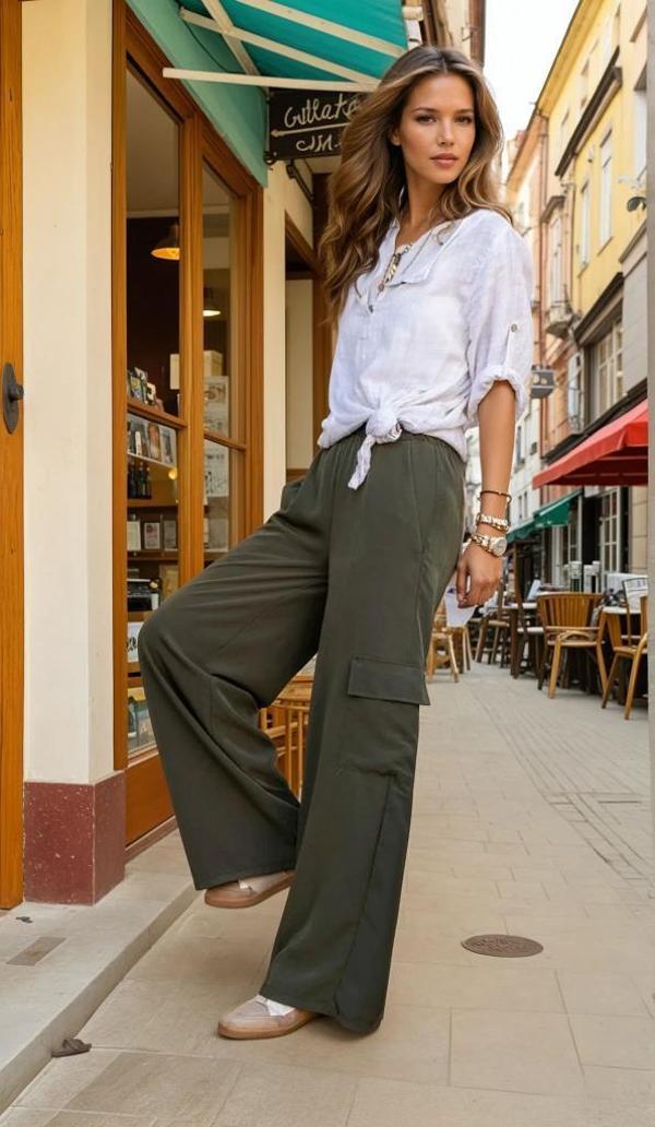 Kadın  Kupra Kumaş Cepli Beli Lastikli Bol Paça Kargo Pantolon 3600270 - Image 1