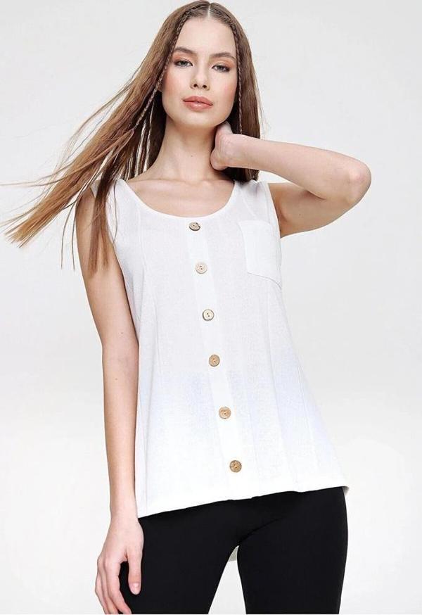 Kadın Triko Bluz Askılı Düğmeli Kolsuz Örme Günlük Giy Çık Bluz 3134150 - Image 1