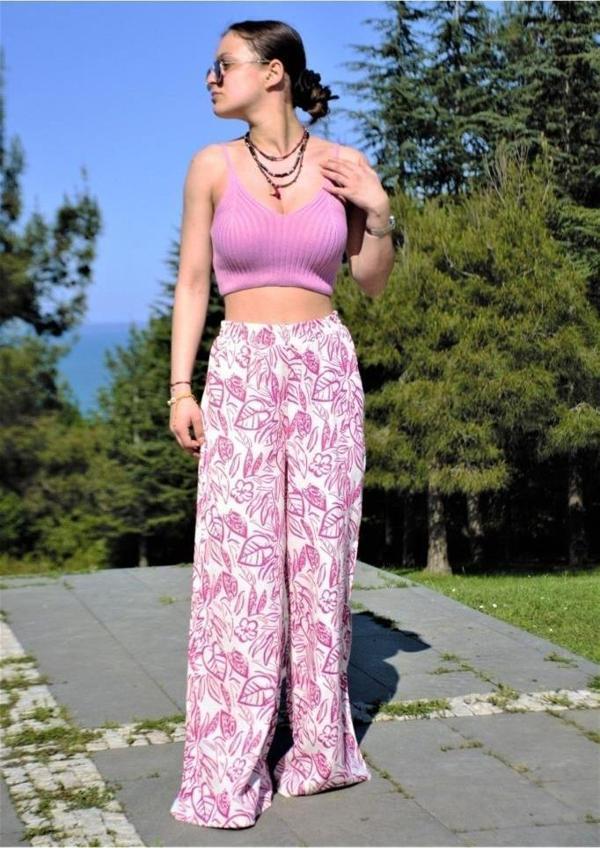 Kadın Keten  Desenli Beli Lastikli Cepli Bol Paça Oversize Salaş Yazlık Pantolon 3369160 - Image 1