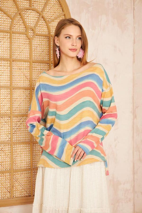 Kadın Gökkuşağı Miks Ekstra Salaş Oversize Geniş Kayık Yaka Desenli Akrilik Kazak 3478200 - Image 1