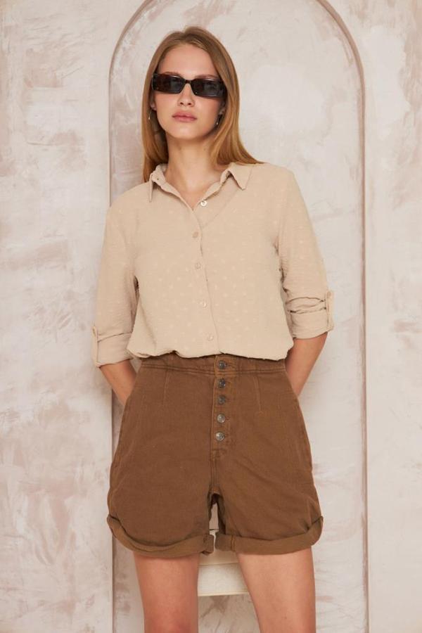 Kadın Ponponlu Slim Fit Uzun Kollu Gömlek Pudra 3621240 - Image 1