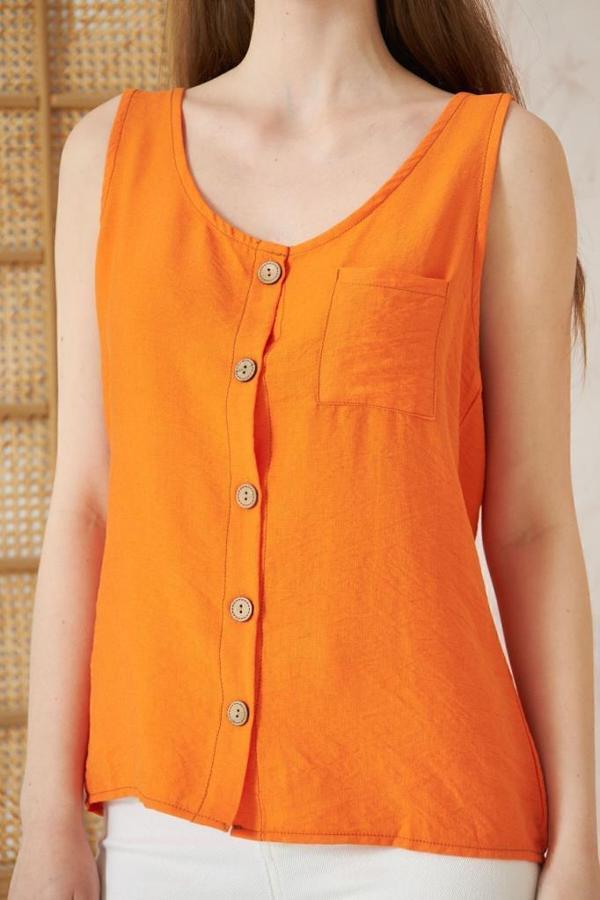 Kadın Kalın Askılı Yuvarlak Yaka Düğmeli Kolsuz Keten Günlük Gömlek Bluz 2910200 - Image 1