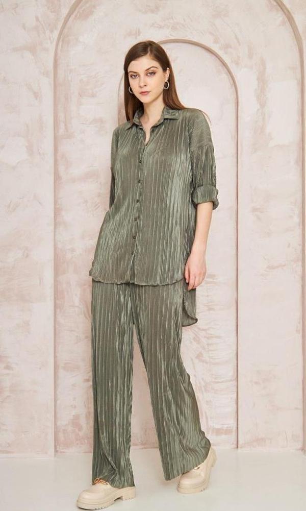 Kadın Pliseli Beli Lastikli Pantolon Tunik Gömlek Ikili Bürümcük Salaş Takım 3573330 - Image 1