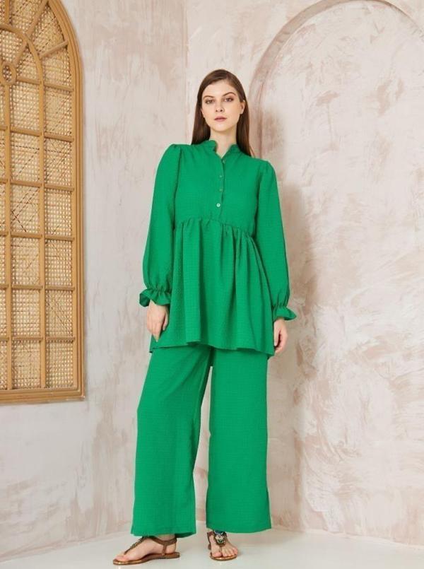 Kadın Gofre Balon Kol Büzgülü Tunik / Beli Lastikli Cepli Pantolon Tesettür Takım 3531350 - Image 1