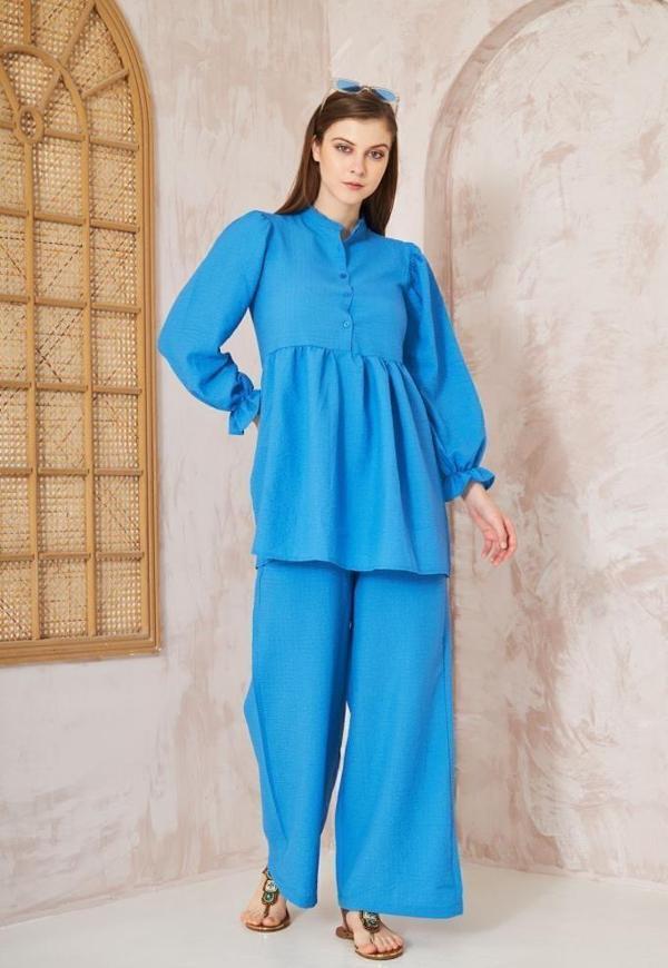 Kadın Gofre Balon Kol Büzgülü Tunik / Beli Lastikli Cepli Pantolon Tesettür Takım 3531350 - Image 1