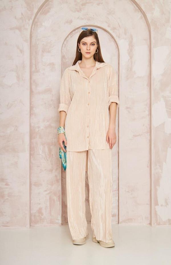 Kadın Pliseli Beli Lastikli Pantolon Tunik Gömlek Ikili Bürümcük Salaş Takım 3573330 - Image 1