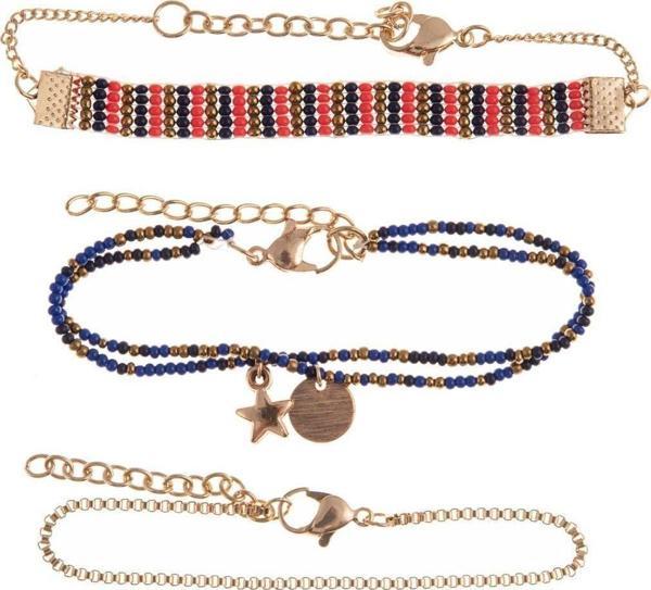 Kadın 3 Lü Bileklik Seti Renkli Boncuk ve Rose Gold Zincir Detaylı - Image 1