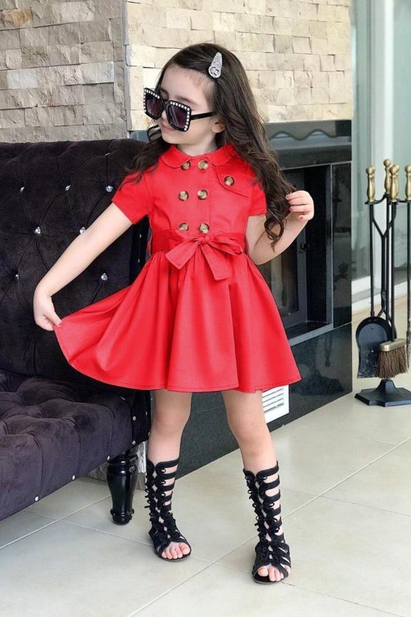 Kız Çocuk Önü Düğmeli Ve Beli Kuşaklı Kırmızı Elbise - Image 1