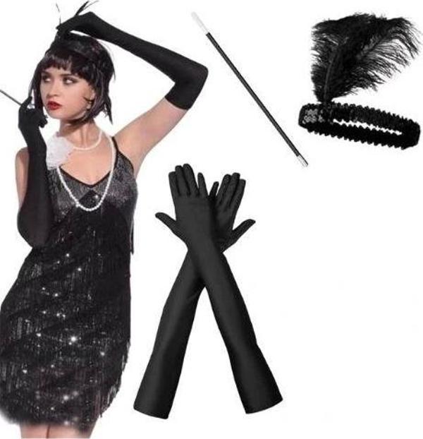 Nessiworld 1920&#39;ler Gatsby Aksesuar Seti – Siyah Charleston Saç Bandı, Uzun Eldiven & Si - Image 1