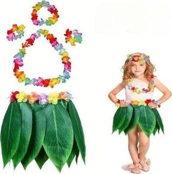 Nessiworld Çocuk Hawaii Kostüm Seti - Yaprak Etek & Hawaii Set - 5 Parça - Image 1