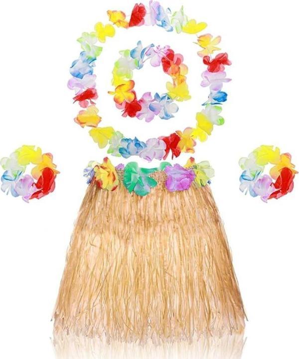 Nessiworld Yetişkin Çocuk Hawaii Parti Seti - 40 cm Naturel Etek + Çiçek Aksesuarlar (5 Parça) - Image 1