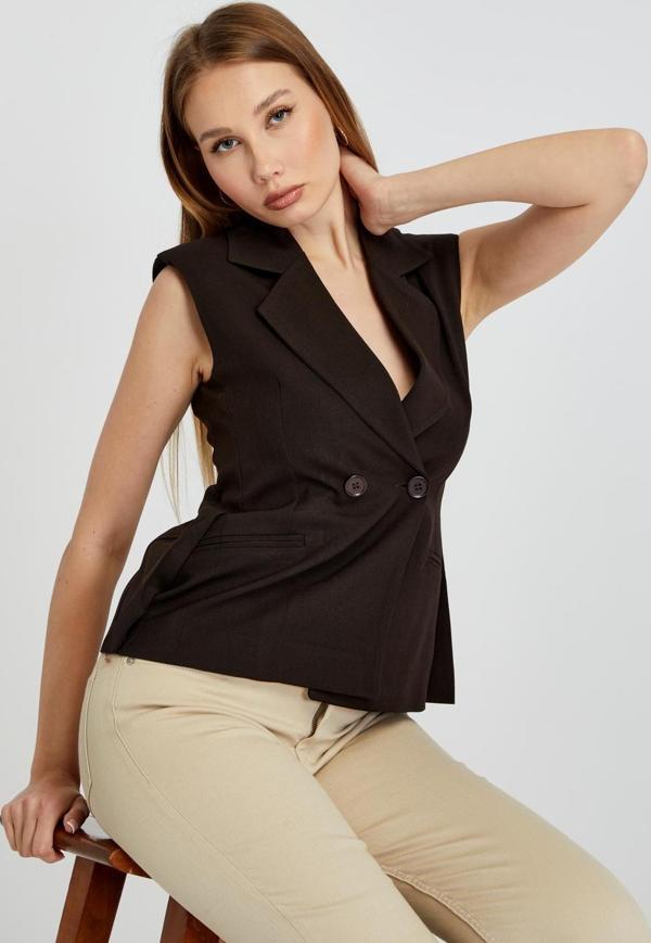 Acı Kahve Regular Fit Astarlı Dokuma Yelek - Image 1