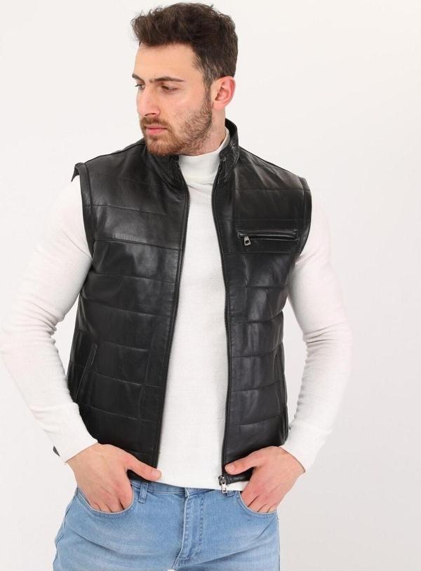 Nyc Giyim Tekstil Hakiki Deri Şişme Yelek Hakim Yaka Siyah Renk - Image 1
