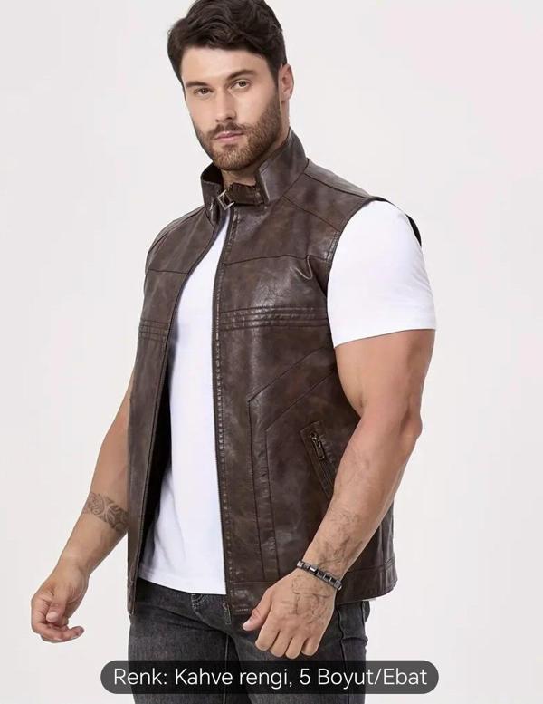 Nyc Giyim Tekstil Uzun Hakim Yaka Regular Fit Hakiki Deri Yelek - Image 1