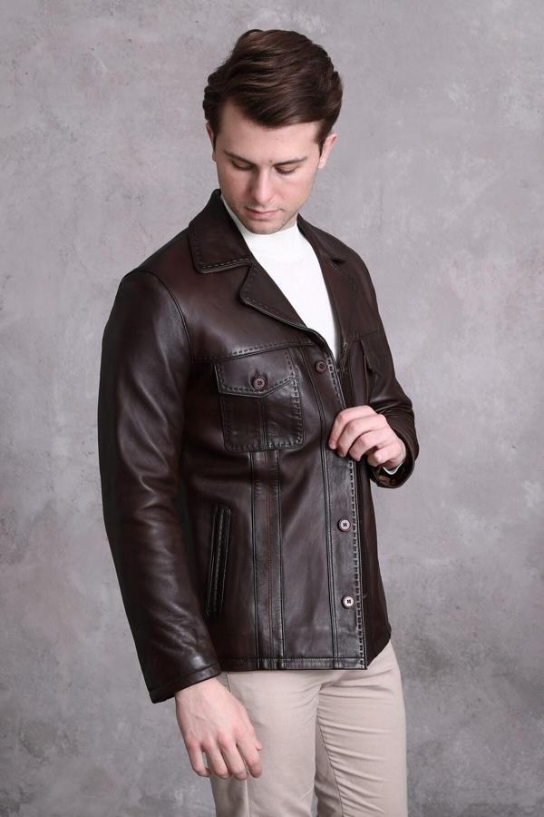 Nyc Giyim Tekstil Hakiki Deri Ceket Karartmalı Koyu Kahve - Image 1