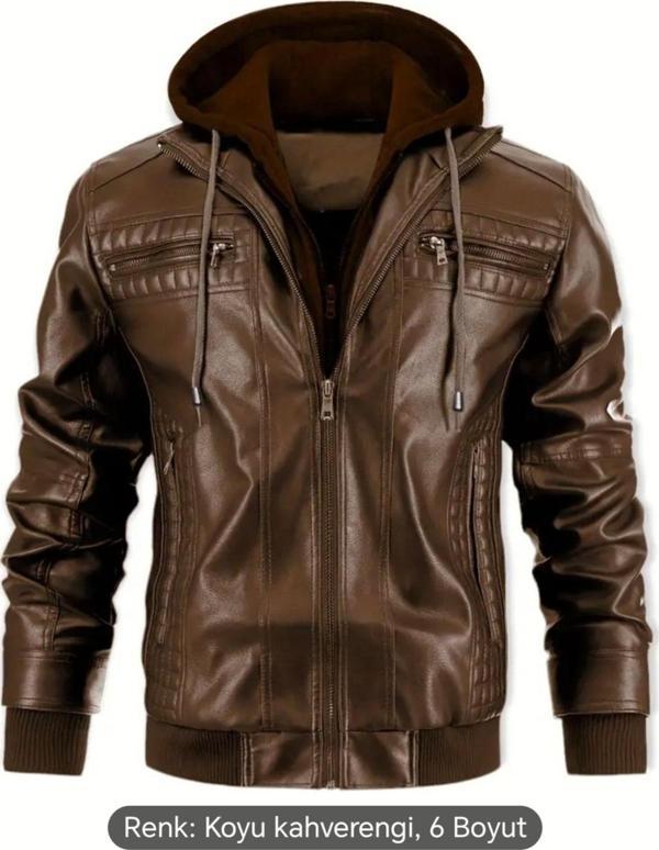 Nyc Giyim Tekstil Kapüşonlu Hakiki Deri Dikiş Ve Ribana Detaylı Mont - Image 1