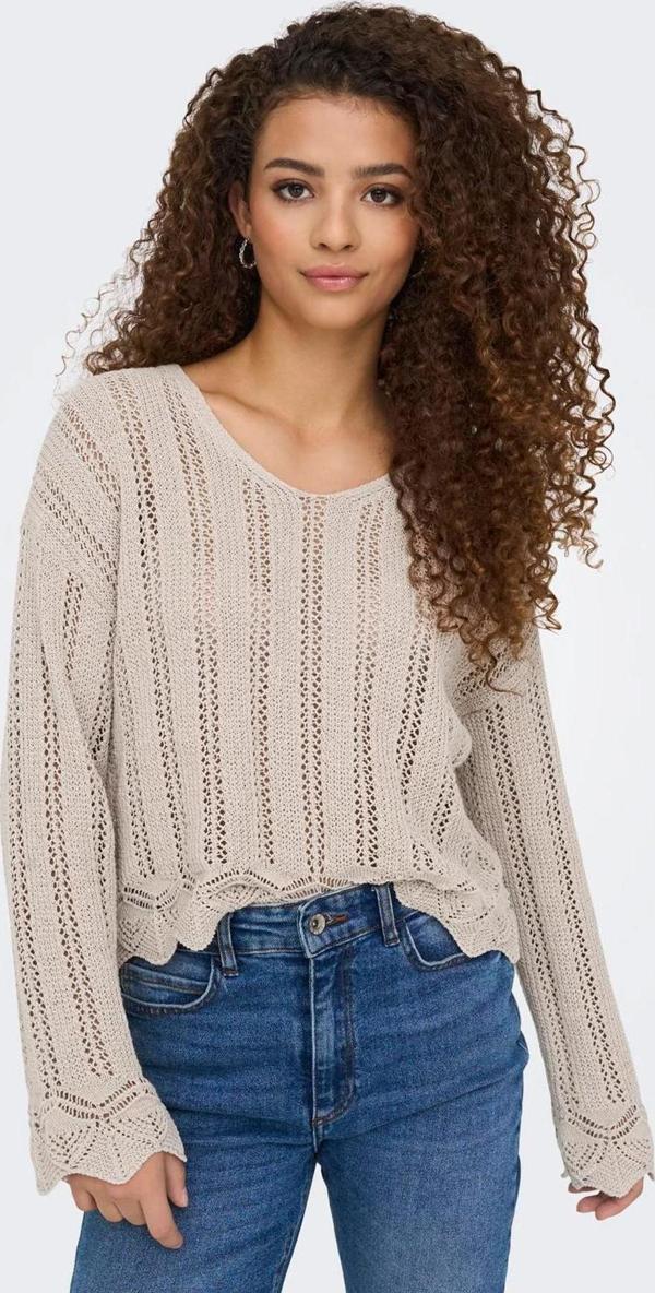 Only Kadın Regular Fit V Yaka Bej Örme Kazak - 15339529 - Image 1