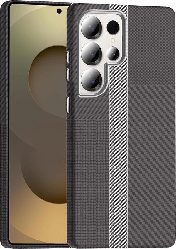 Galaxy S25 Ultra Kılıf M-safe Şarj Özellikli Karbon Fiber Görünümlü Gros Kılıf Gri-Siyah - Image 1