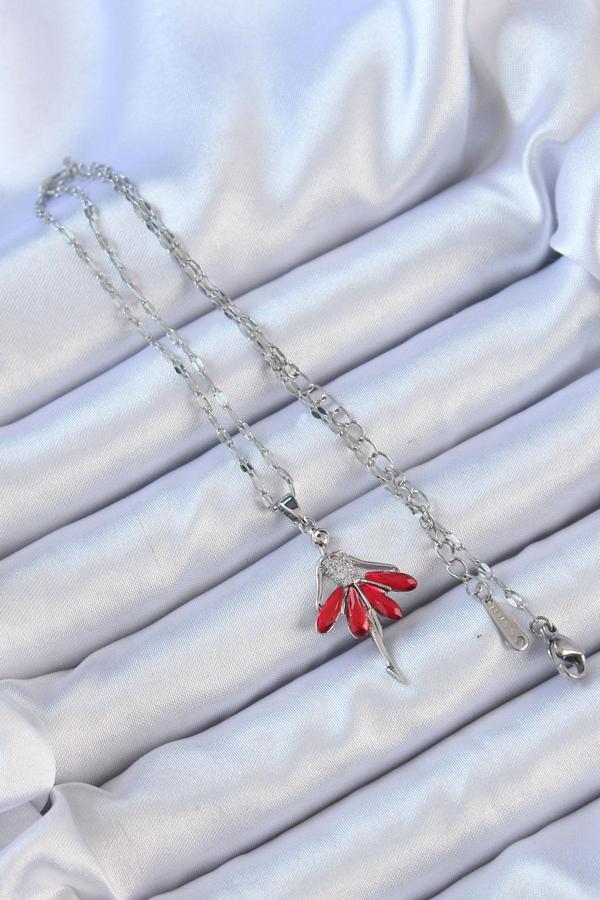 Zarif Kadın için Silver Çelik Zincir Kırmızı Etekli Zirkonlu Balerin Kolye - Image 1