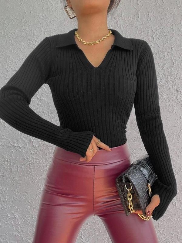 Kadın Siyah Polo Yaka Parmak Detay Triko Bluz 2047 - Image 1