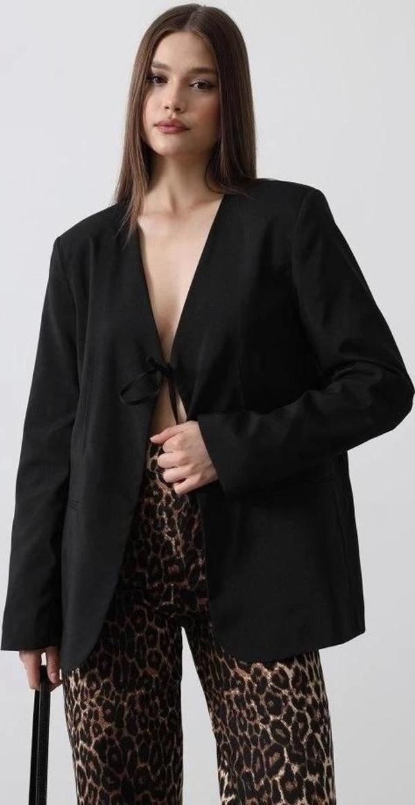 Önü Bağlamalı Blazer Ceket - Siyah - Image 1