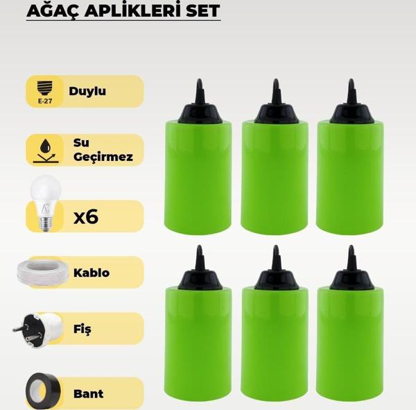 Hazır Set Yeşil Silindir Ağaç Feneri - 6 Adet (Sarı Işık Ampul, Kablo, Fiş ve Bant Dahil) - Image 1