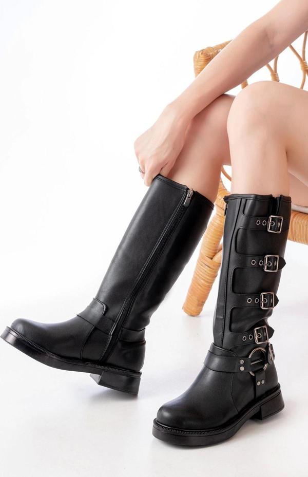 02-346 Siyah Düz Topuklu Günlük Bayan Binici Çizme - Image 1