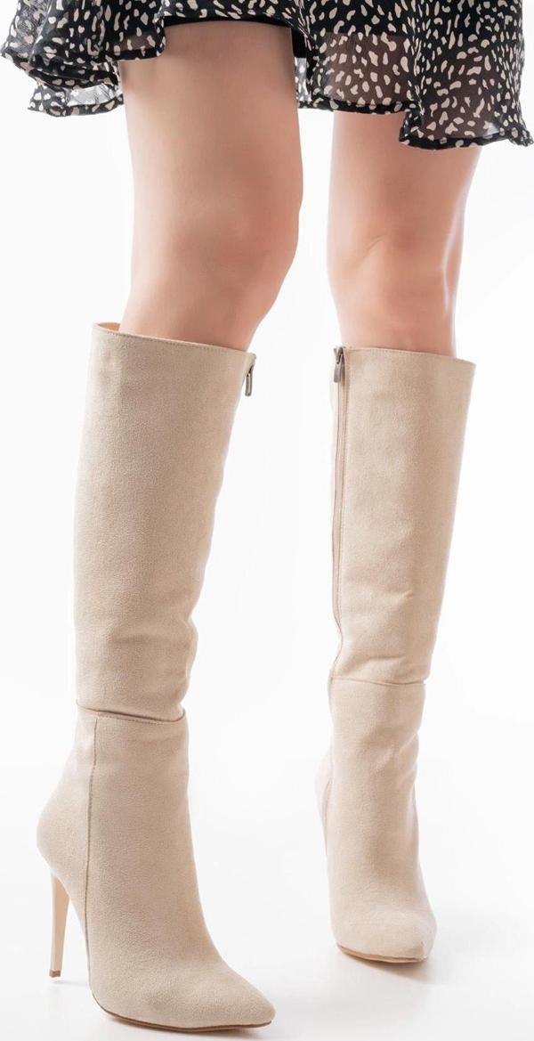 Ls-226 Bej Süet Fermuarlı Lastikli İnce Yüksek Topuklu Kadın Çizme - Image 1