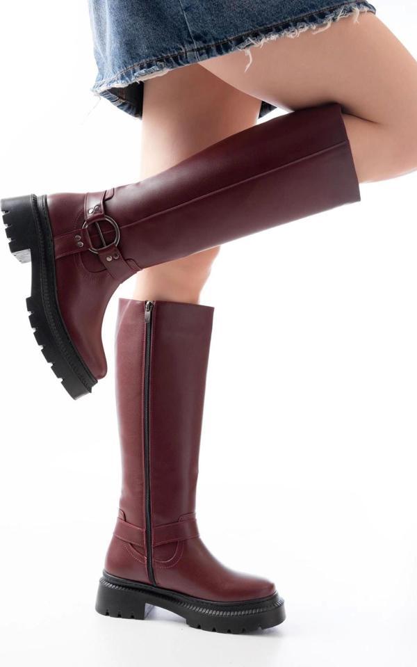 236-3021 Bordo Fermuarlı Günlük Kadın Çizme - Image 1