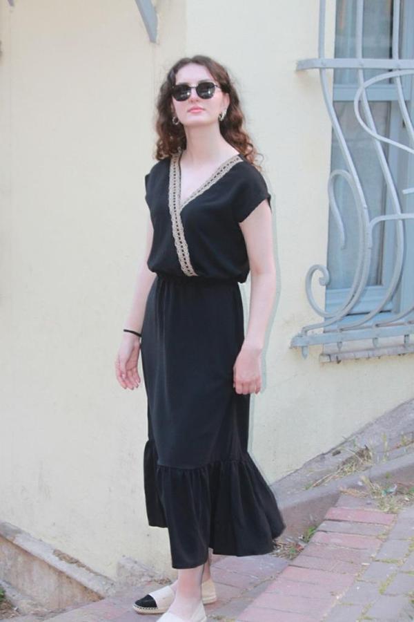 Kadın Hasır Kruvaze Yaka Kısa Kollu Etek Ucu Fırfırlı Uzun Elbise 2856250 - Image 1