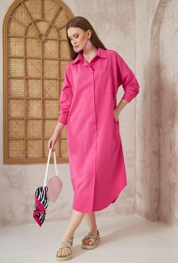 Kadın Uzun Kollu Poplin Cepli Oversize Uzun Günlük Spor Tunik Gömlek Elbise 3555310 - Image 1
