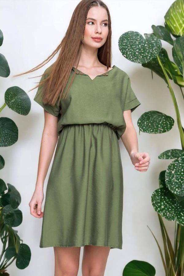 Pasaklı Giyim Kadın Beli Büzgülü Yakası Düğmeli Rahat Keten Elbise Yb2874250 - Image 1